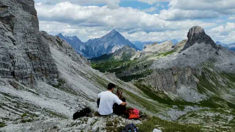 Breathtaking panoramic views of the mountain ranges and massive rock formations of the Dolomites.