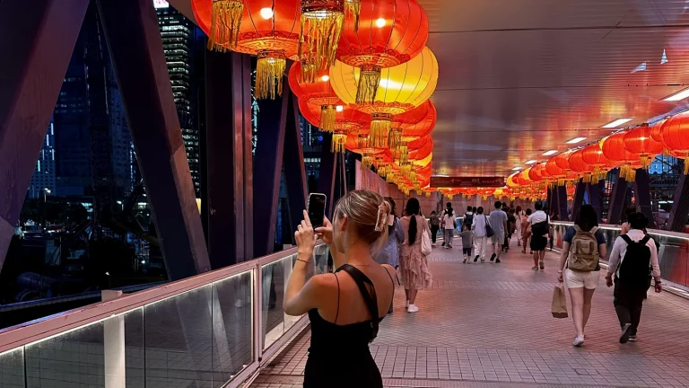 Downtown Hong Kong Central with many lanterns on a city trip through Hong Kong.