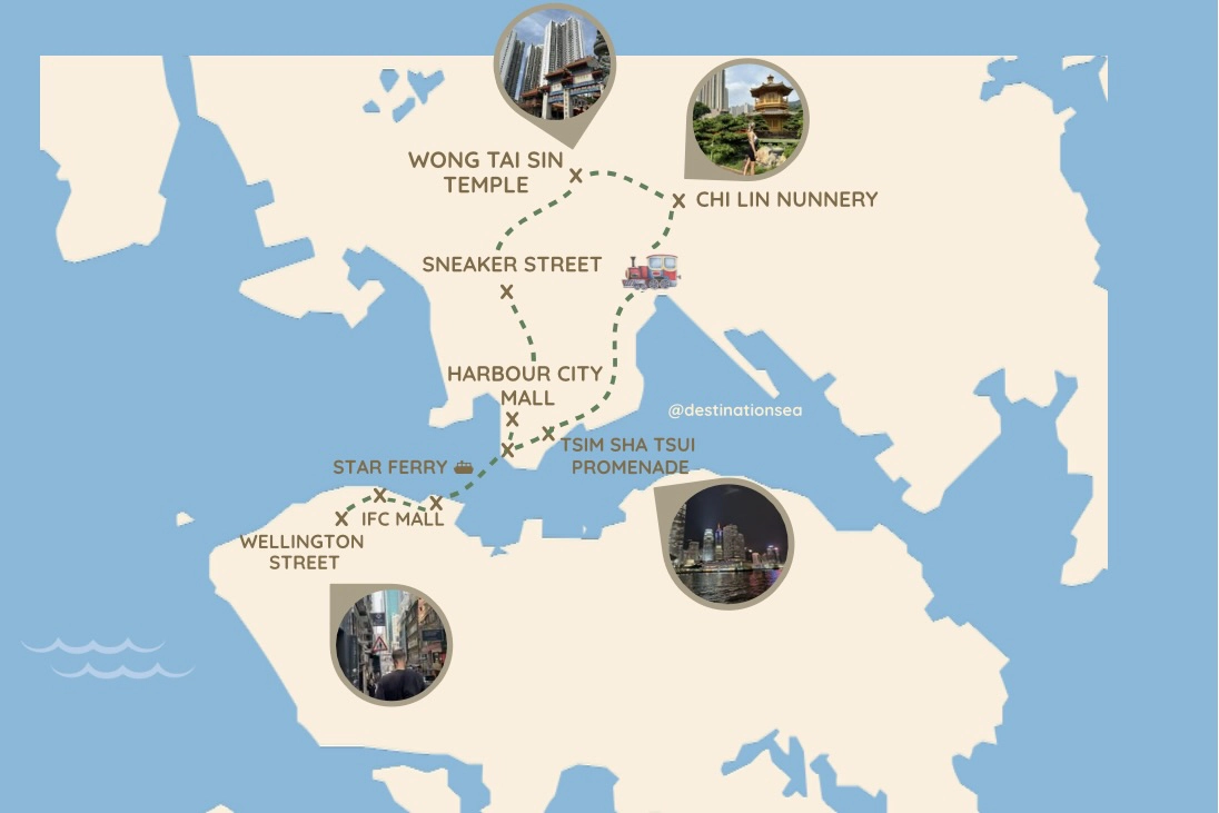 Karte mit der Route und Aktivitäten während dem Hongkong Städtetrip.
