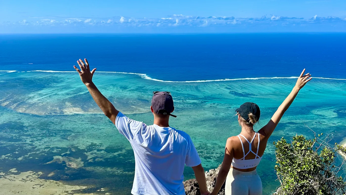 Breathtaking view on the underwater waterfall and Indian Ocean from the peak of the mountain Le Morne Brabant in Mauritius.