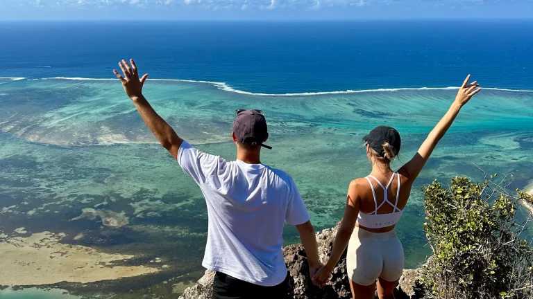 View from the famous mountain Le Morne on the underwater waterfall in Mauritius.
