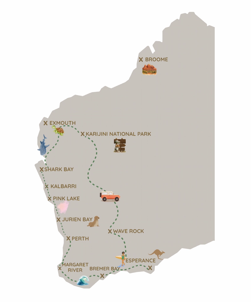 Rundreise Route durch Western Australien mit allen Stopps auf der Karte.