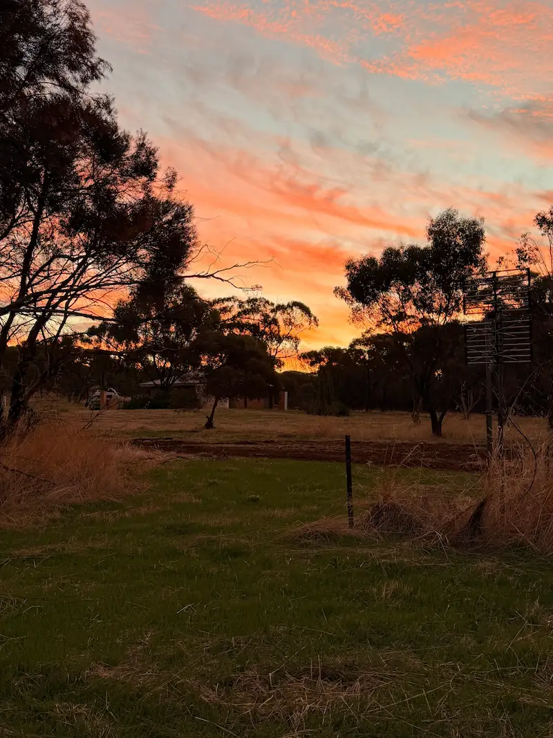 Sandelwood Downs Farm in der Nähe von Perth bei Sonnenuntergang.